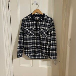 J Crew Flannel Pull Over Black Blue and White Plaid Shirt Sz S